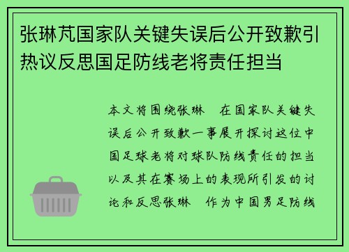 张琳芃国家队关键失误后公开致歉引热议反思国足防线老将责任担当